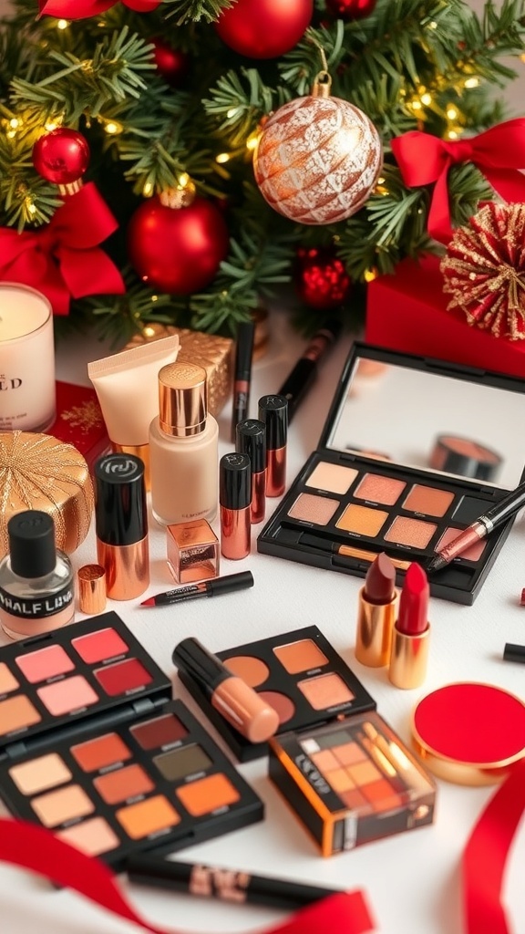 A festive makeup setup with Christmas-themed colors and products, surrounded by holiday decorations.